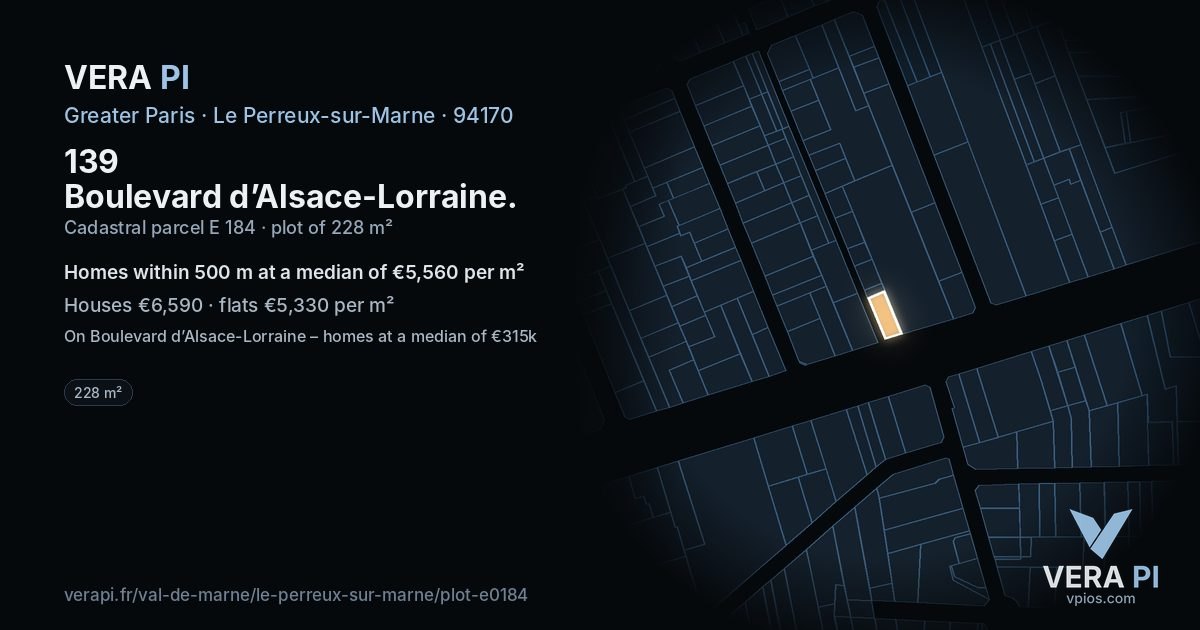 139 Boulevard d’Alsace-Lorraine, Le Perreux-sur-Marne at night – the plot lit, the parcels around coloured by the prices near them