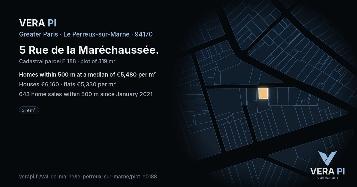 5 Rue de la Maréchaussée, Le Perreux-sur-Marne at night – the plot lit, the parcels around coloured by the prices near them