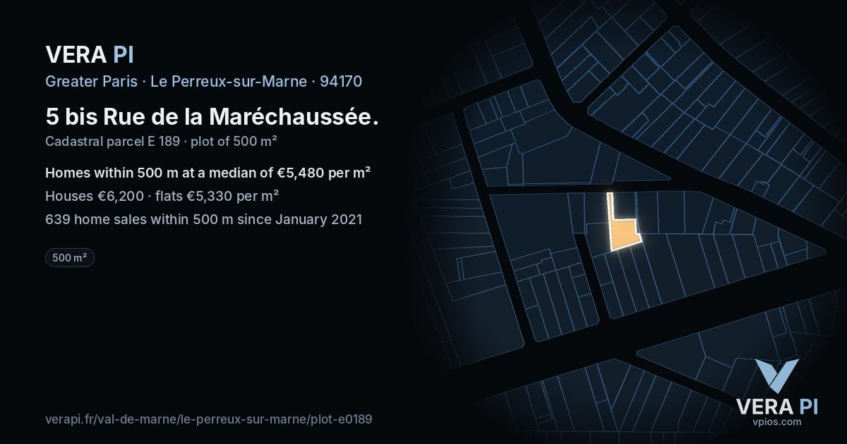 5 bis Rue de la Maréchaussée, Le Perreux-sur-Marne at night – the plot lit, the parcels around coloured by the prices near them