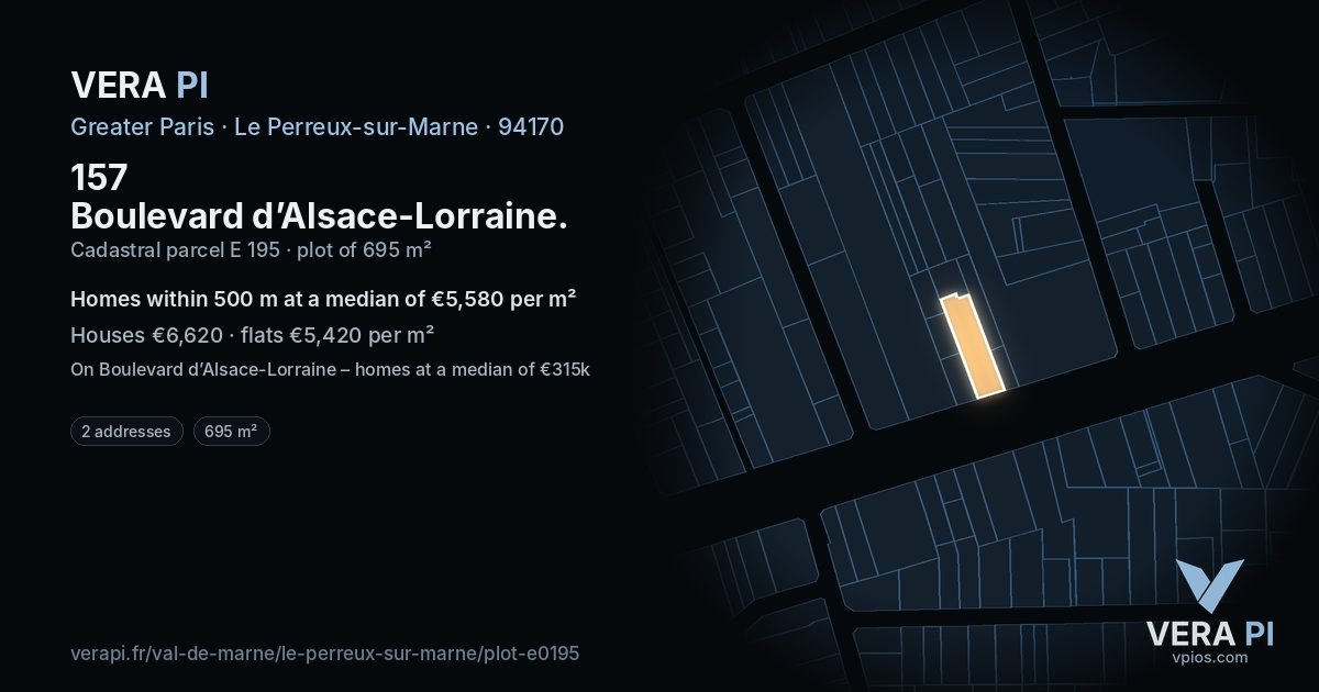 157 Boulevard d’Alsace-Lorraine, Le Perreux-sur-Marne at night – the plot lit, the parcels around coloured by the prices near them