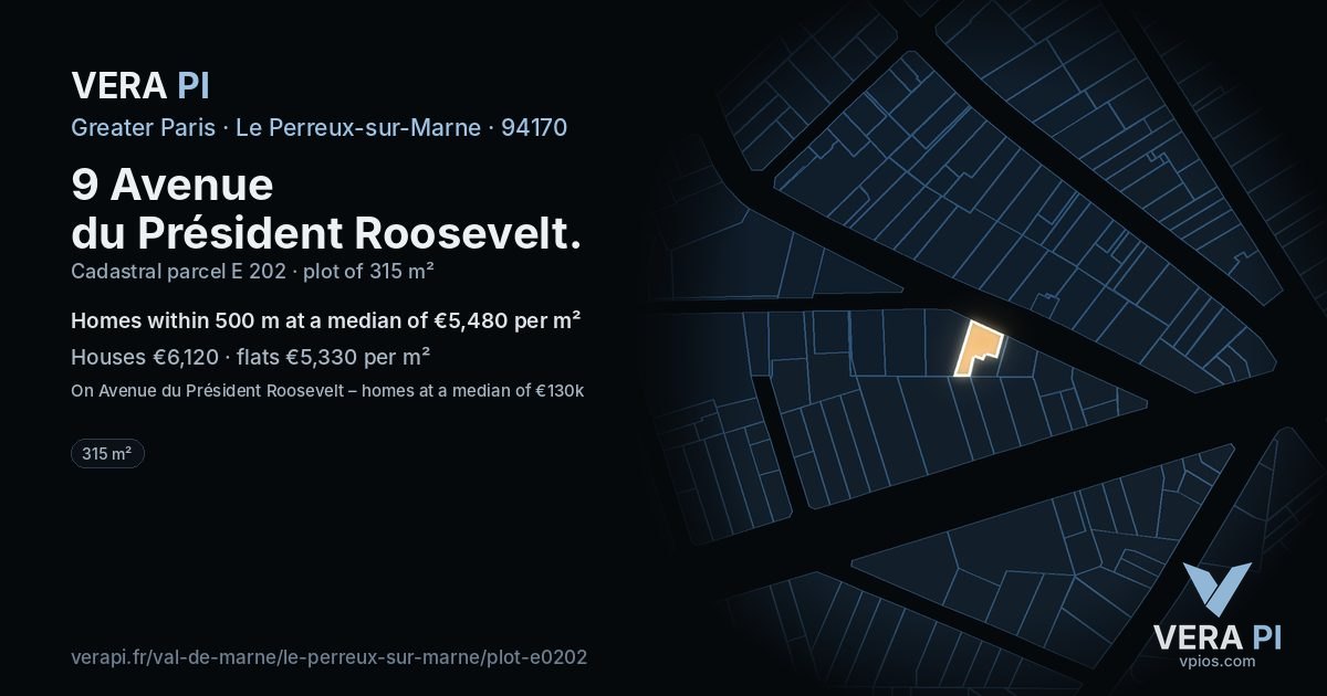 9 Avenue du Président Roosevelt, Le Perreux-sur-Marne at night – the plot lit, the parcels around coloured by the prices near them