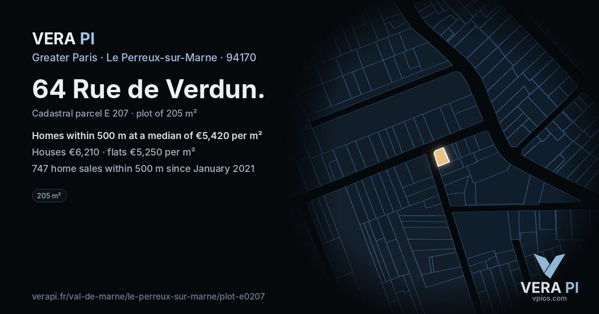 64 Rue de Verdun, Le Perreux-sur-Marne at night – the plot lit, the parcels around coloured by the prices near them