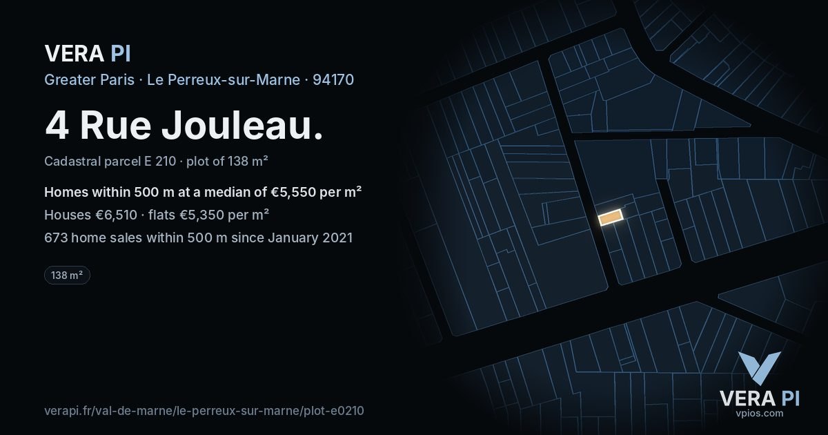 4 Rue Jouleau, Le Perreux-sur-Marne at night – the plot lit, the parcels around coloured by the prices near them