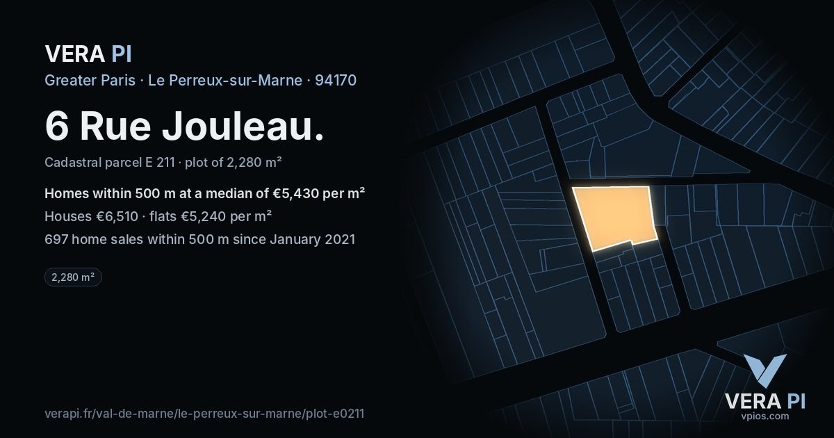 6 Rue Jouleau, Le Perreux-sur-Marne at night – the plot lit, the parcels around coloured by the prices near them