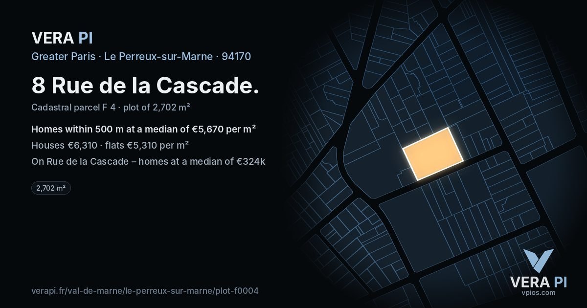 8 Rue de la Cascade, Le Perreux-sur-Marne at night – the plot lit, the parcels around coloured by the prices near them