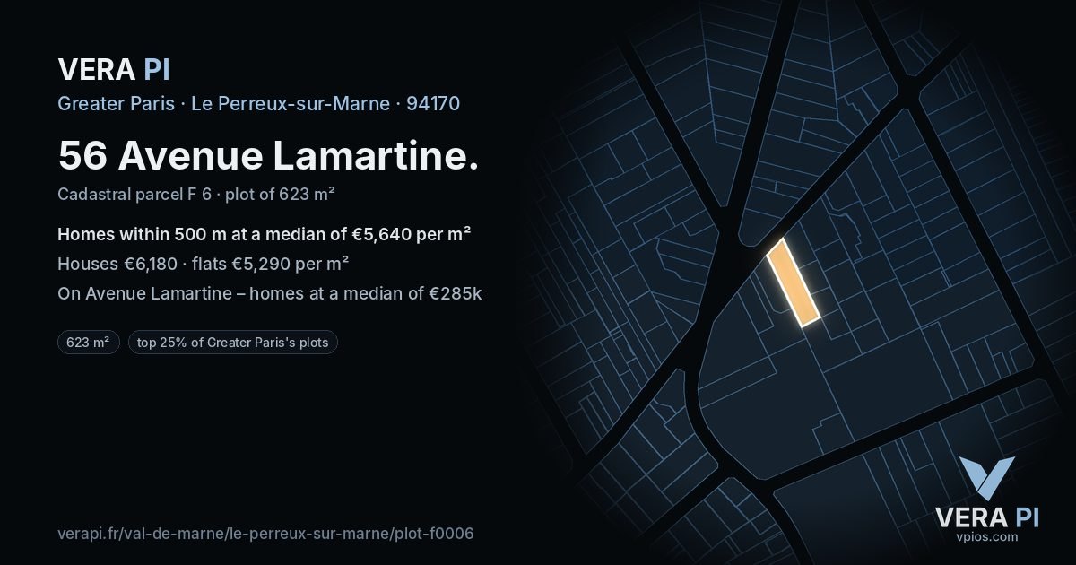 56 Avenue Lamartine, Le Perreux-sur-Marne at night – the plot lit, the parcels around coloured by the prices near them