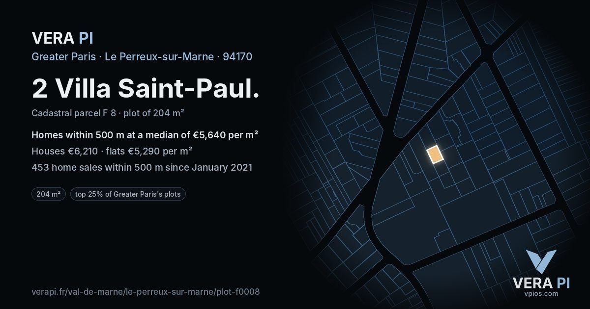 2 Villa Saint-Paul, Le Perreux-sur-Marne at night – the plot lit, the parcels around coloured by the prices near them
