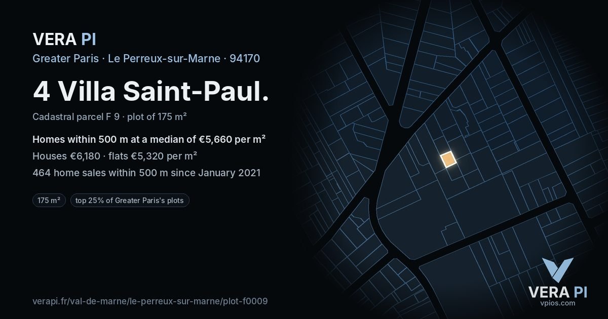 4 Villa Saint-Paul, Le Perreux-sur-Marne at night – the plot lit, the parcels around coloured by the prices near them
