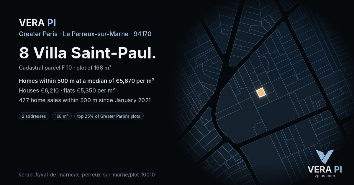 8 Villa Saint-Paul, Le Perreux-sur-Marne at night – the plot lit, the parcels around coloured by the prices near them