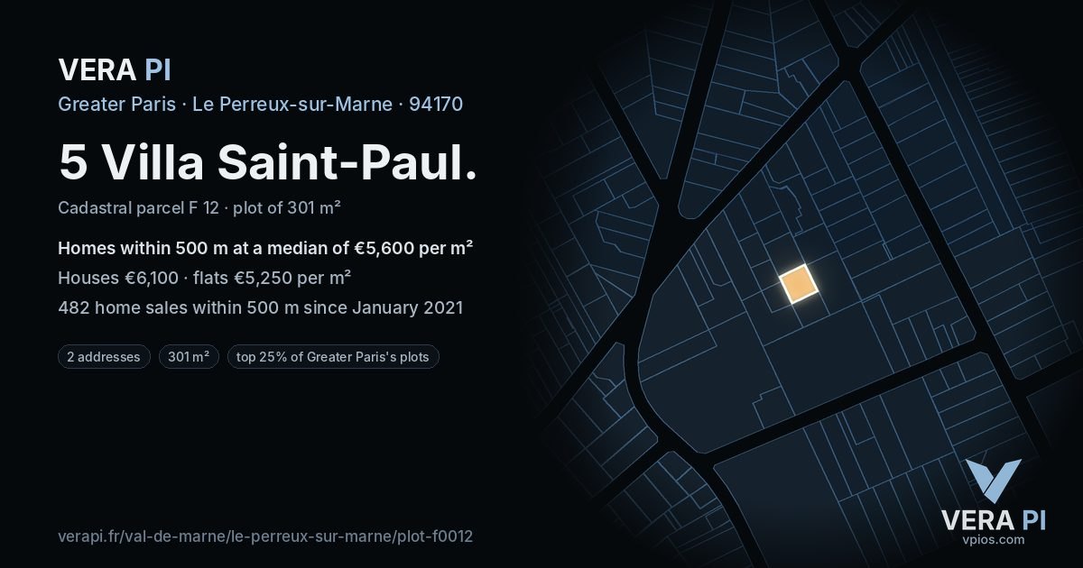 5 Villa Saint-Paul, Le Perreux-sur-Marne at night – the plot lit, the parcels around coloured by the prices near them
