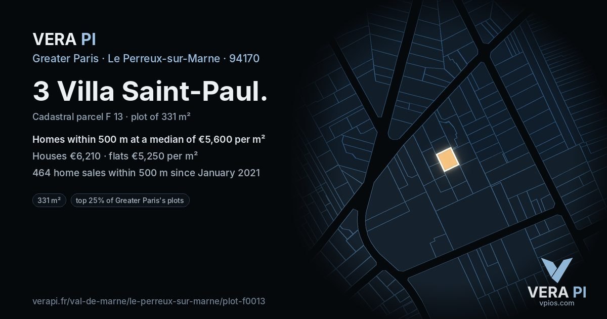 3 Villa Saint-Paul, Le Perreux-sur-Marne at night – the plot lit, the parcels around coloured by the prices near them