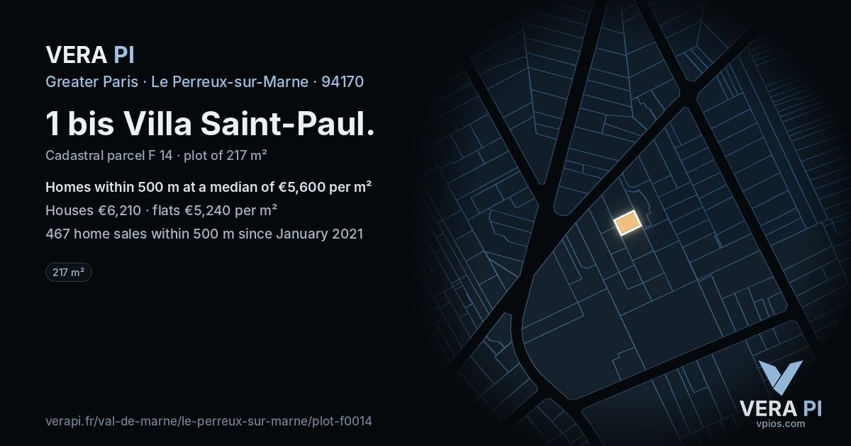 1 bis Villa Saint-Paul, Le Perreux-sur-Marne at night – the plot lit, the parcels around coloured by the prices near them