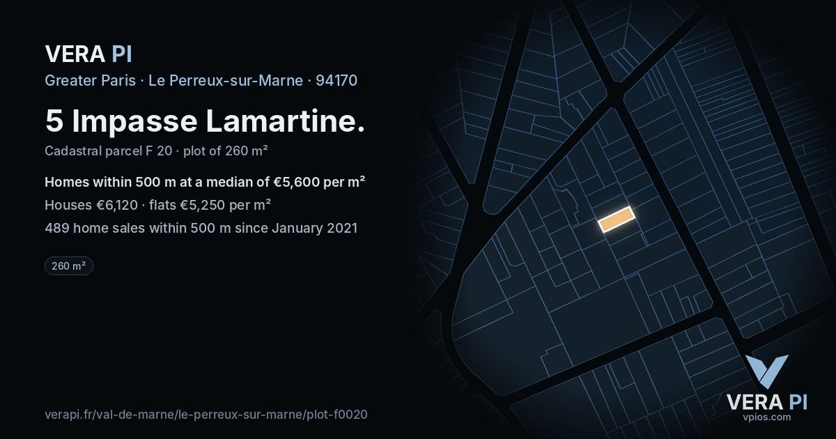 5 Impasse Lamartine, Le Perreux-sur-Marne at night – the plot lit, the parcels around coloured by the prices near them