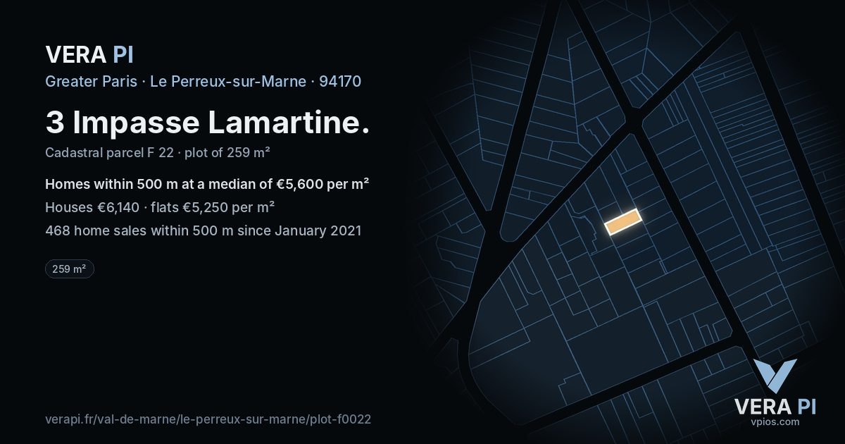 3 Impasse Lamartine, Le Perreux-sur-Marne at night – the plot lit, the parcels around coloured by the prices near them