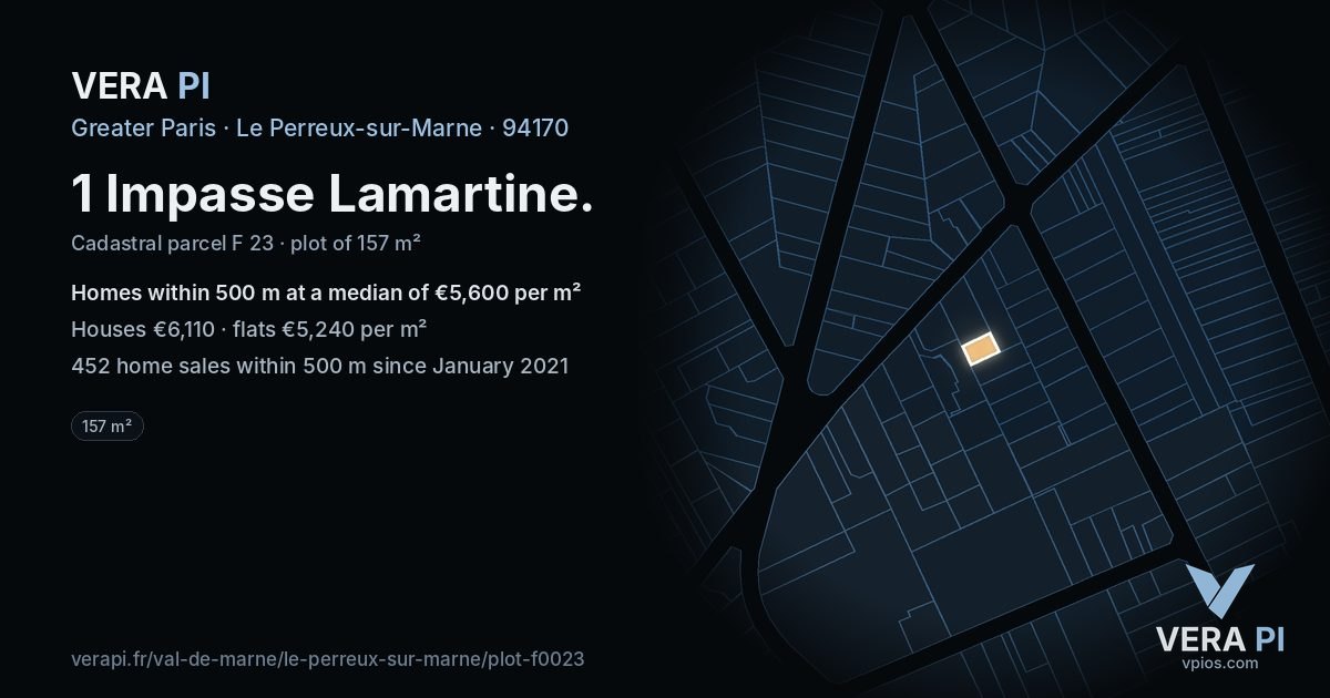 1 Impasse Lamartine, Le Perreux-sur-Marne at night – the plot lit, the parcels around coloured by the prices near them
