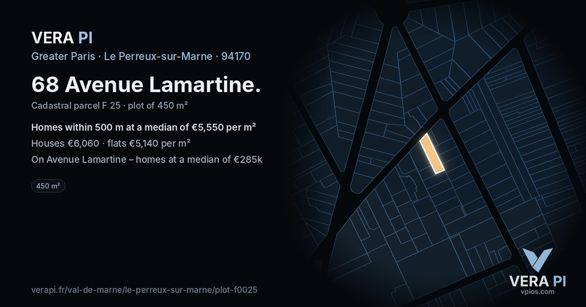 68 Avenue Lamartine, Le Perreux-sur-Marne at night – the plot lit, the parcels around coloured by the prices near them