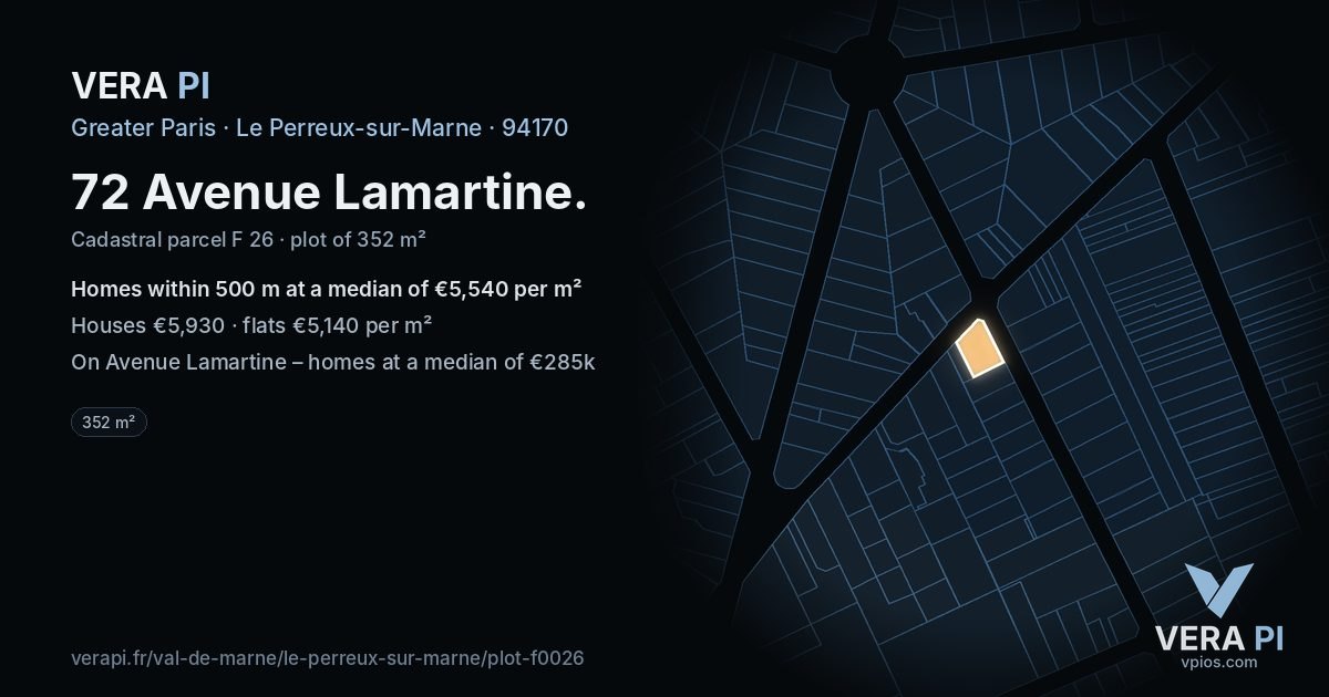 72 Avenue Lamartine, Le Perreux-sur-Marne at night – the plot lit, the parcels around coloured by the prices near them
