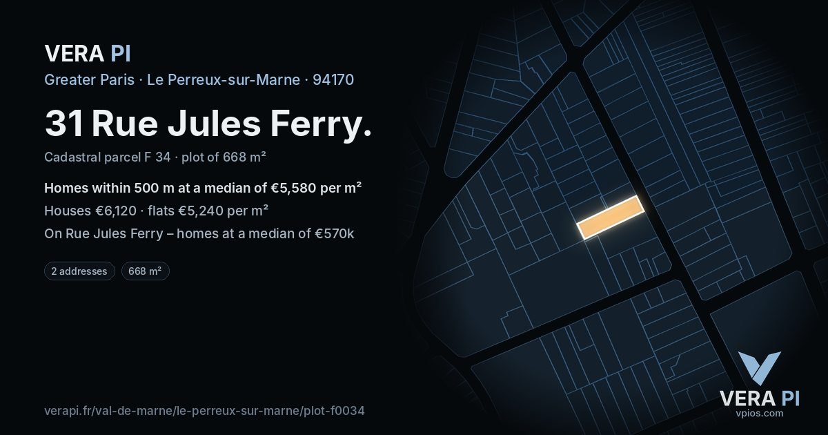 31 Rue Jules Ferry, Le Perreux-sur-Marne at night – the plot lit, the parcels around coloured by the prices near them