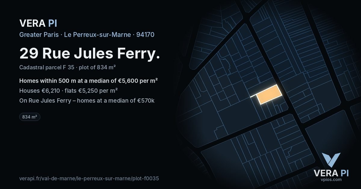 29 Rue Jules Ferry, Le Perreux-sur-Marne at night – the plot lit, the parcels around coloured by the prices near them