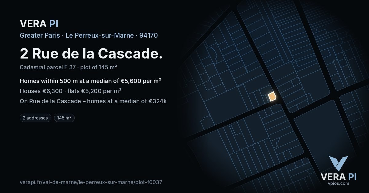 2 Rue de la Cascade, Le Perreux-sur-Marne at night – the plot lit, the parcels around coloured by the prices near them
