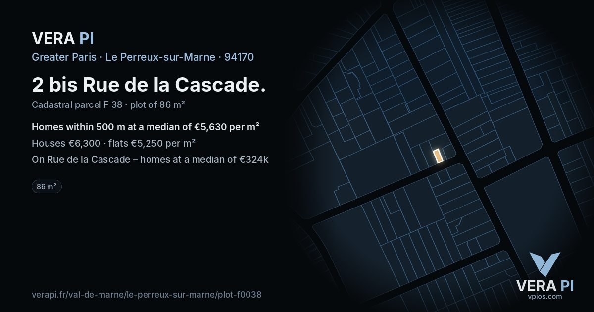 2 bis Rue de la Cascade, Le Perreux-sur-Marne at night – the plot lit, the parcels around coloured by the prices near them