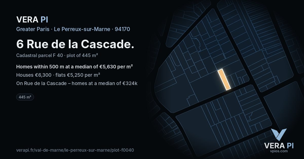 6 Rue de la Cascade, Le Perreux-sur-Marne at night – the plot lit, the parcels around coloured by the prices near them