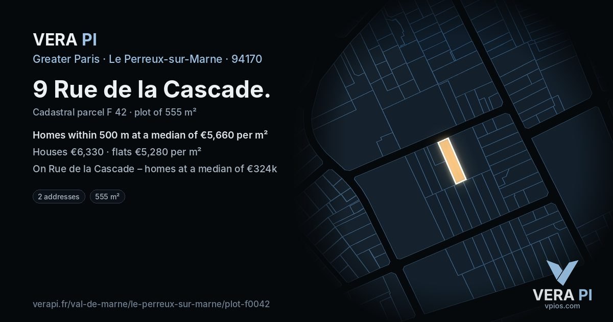 9 Rue de la Cascade, Le Perreux-sur-Marne at night – the plot lit, the parcels around coloured by the prices near them