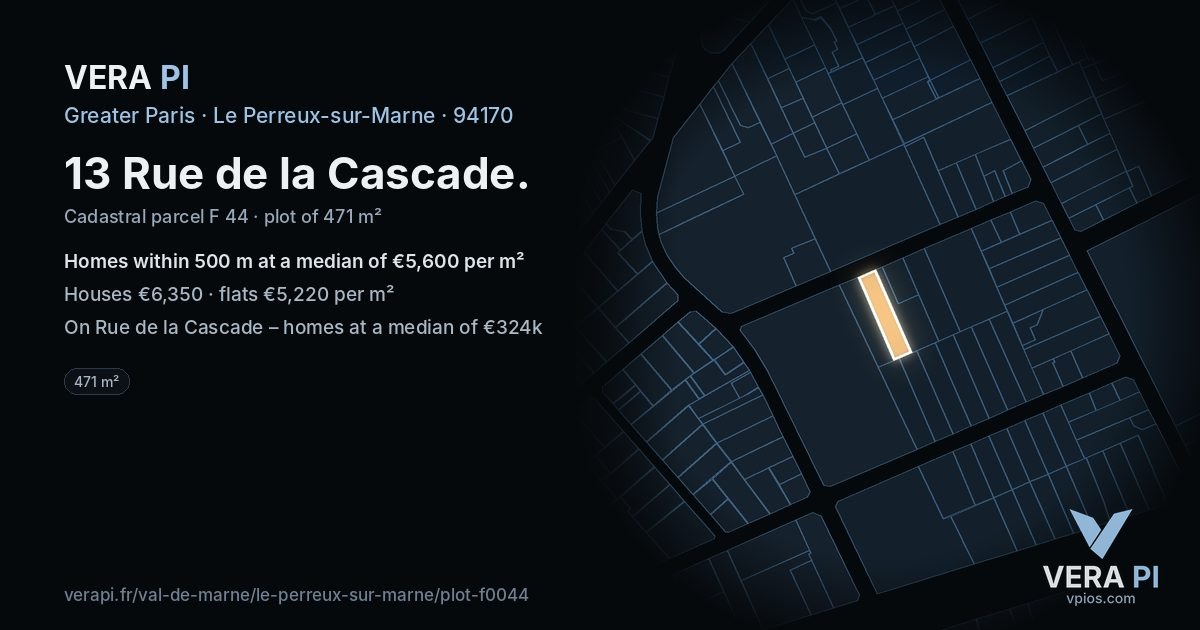 13 Rue de la Cascade, Le Perreux-sur-Marne at night – the plot lit, the parcels around coloured by the prices near them