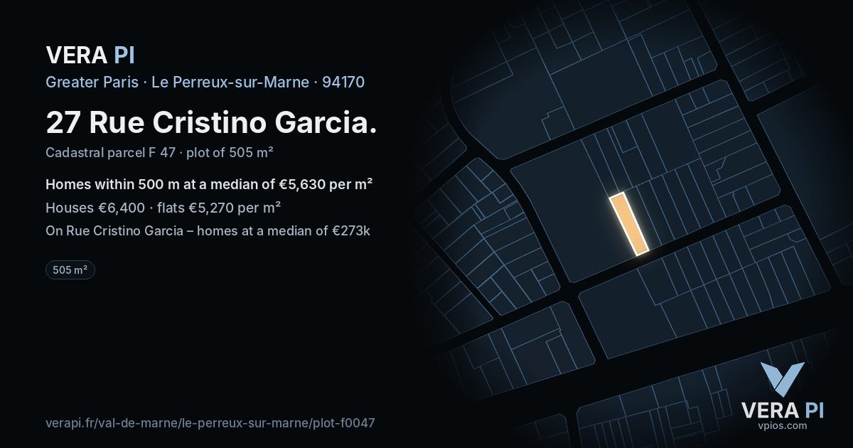 27 Rue Cristino Garcia, Le Perreux-sur-Marne at night – the plot lit, the parcels around coloured by the prices near them