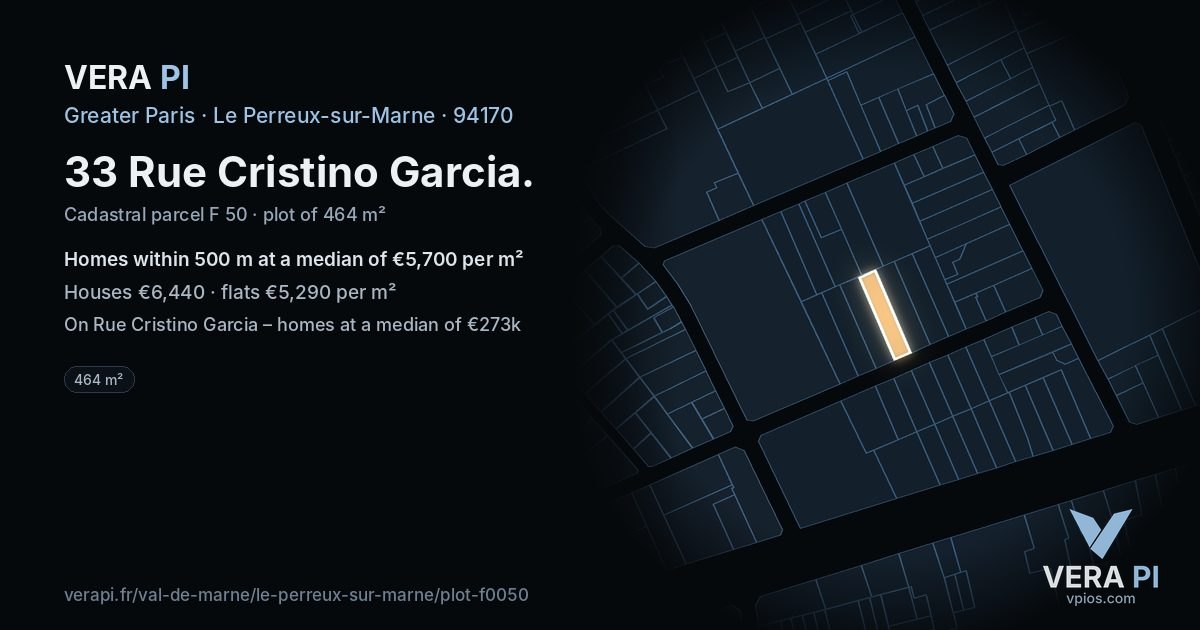 33 Rue Cristino Garcia, Le Perreux-sur-Marne at night – the plot lit, the parcels around coloured by the prices near them