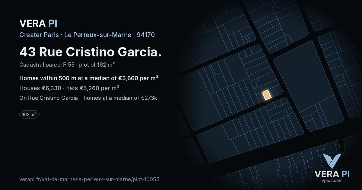 43 Rue Cristino Garcia, Le Perreux-sur-Marne at night – the plot lit, the parcels around coloured by the prices near them