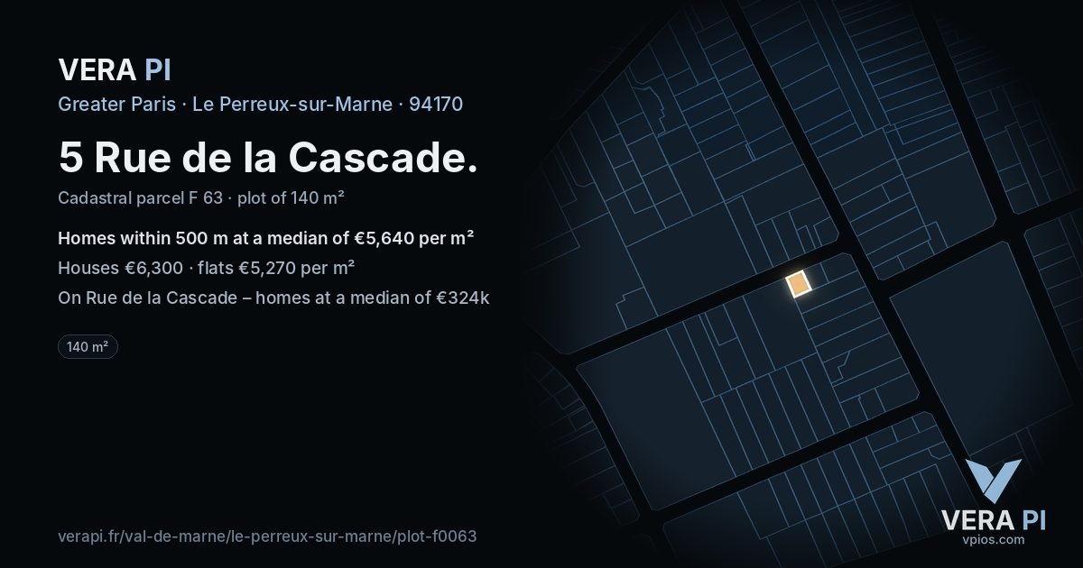 5 Rue de la Cascade, Le Perreux-sur-Marne at night – the plot lit, the parcels around coloured by the prices near them