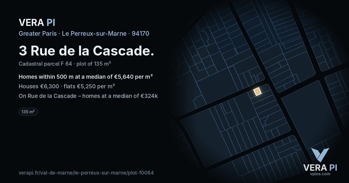 3 Rue de la Cascade, Le Perreux-sur-Marne at night – the plot lit, the parcels around coloured by the prices near them
