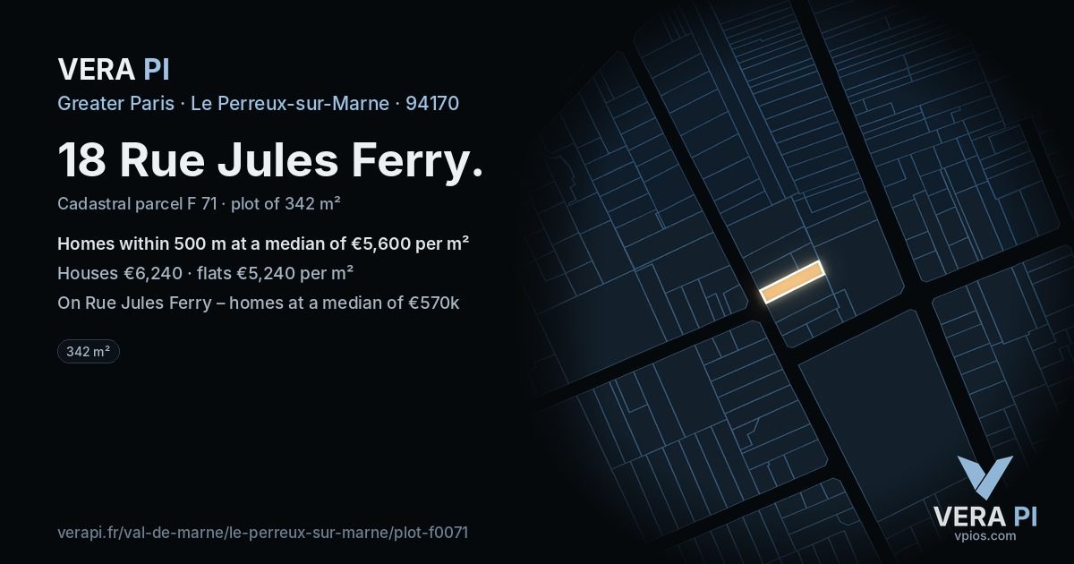 18 Rue Jules Ferry, Le Perreux-sur-Marne at night – the plot lit, the parcels around coloured by the prices near them