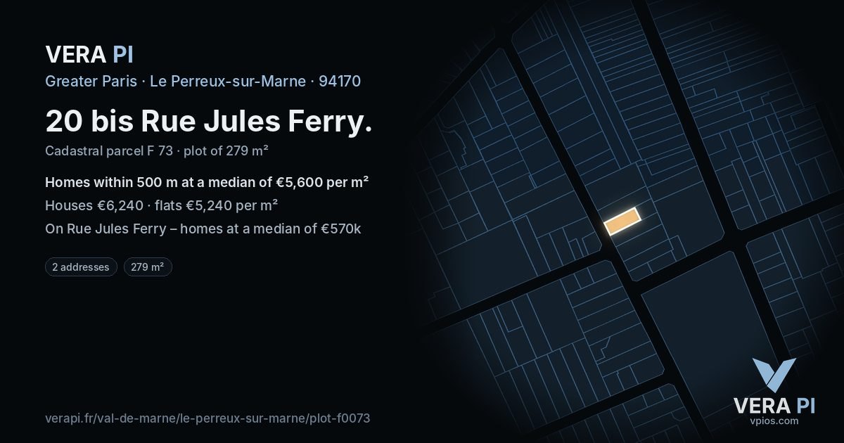 20 bis Rue Jules Ferry, Le Perreux-sur-Marne at night – the plot lit, the parcels around coloured by the prices near them