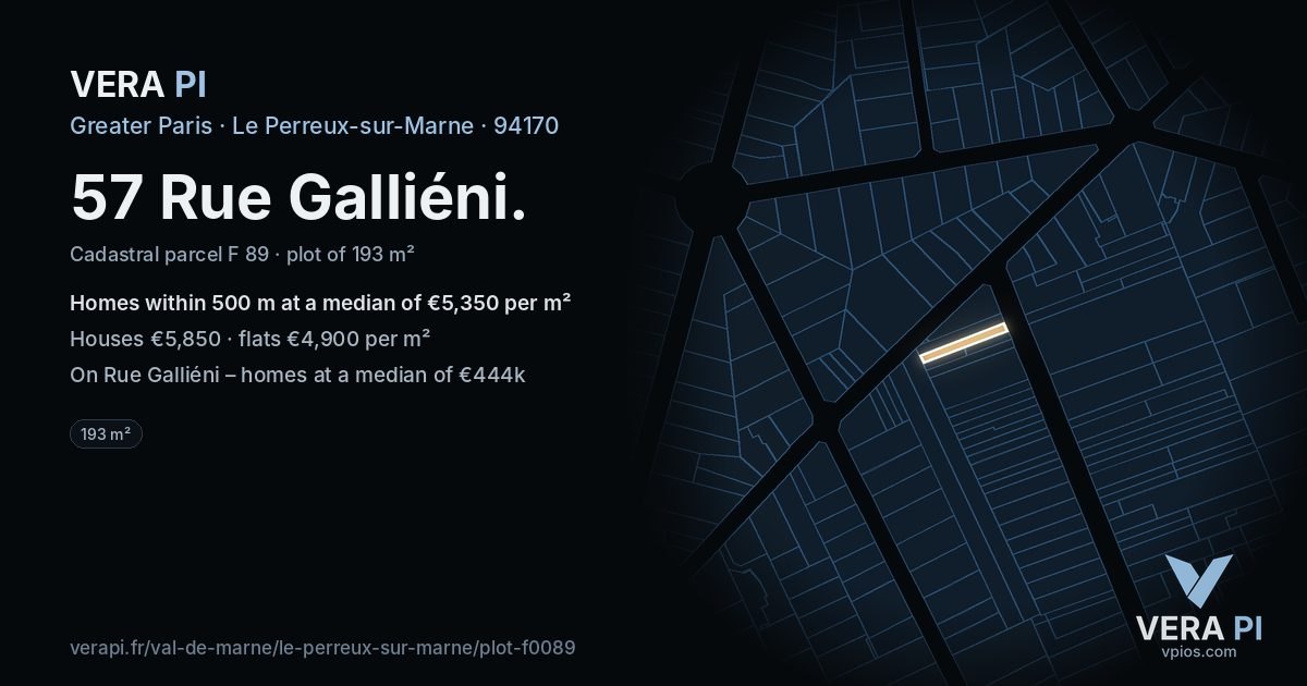 57 Rue Galliéni, Le Perreux-sur-Marne at night – the plot lit, the parcels around coloured by the prices near them
