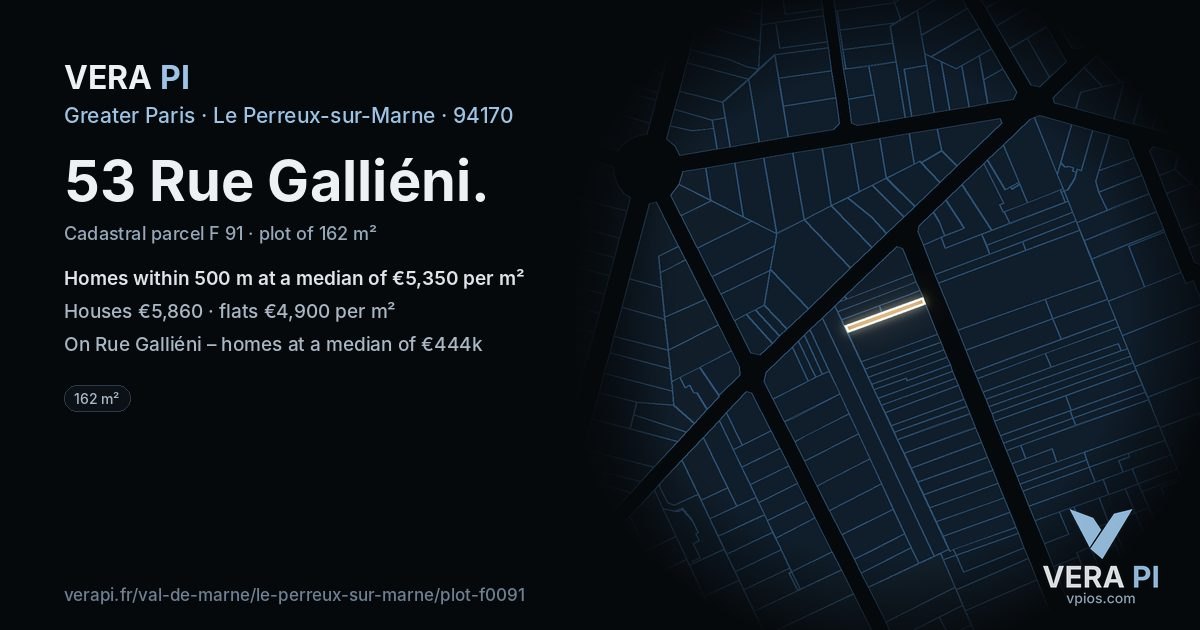 53 Rue Galliéni, Le Perreux-sur-Marne at night – the plot lit, the parcels around coloured by the prices near them