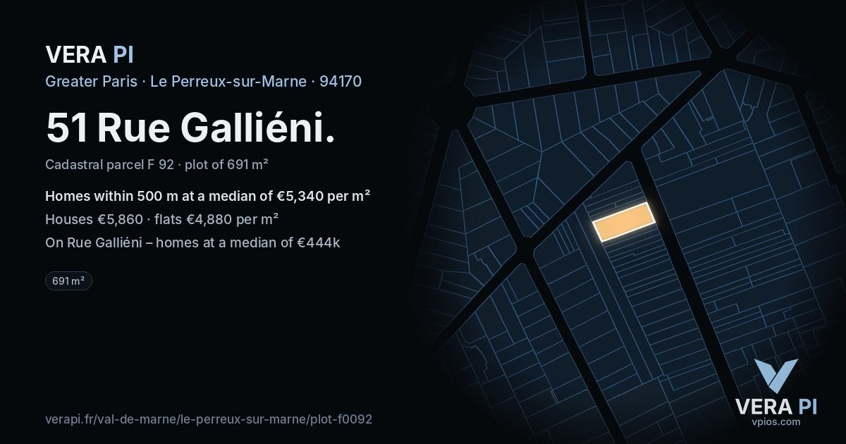 51 Rue Galliéni, Le Perreux-sur-Marne at night – the plot lit, the parcels around coloured by the prices near them