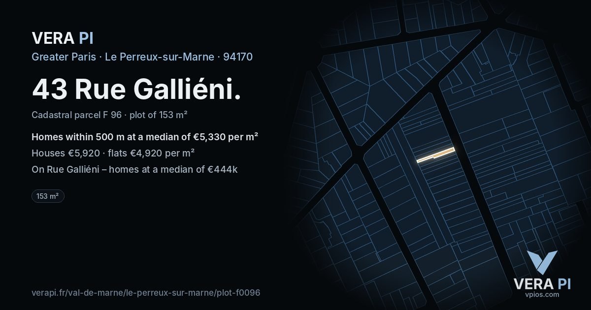 43 Rue Galliéni, Le Perreux-sur-Marne at night – the plot lit, the parcels around coloured by the prices near them
