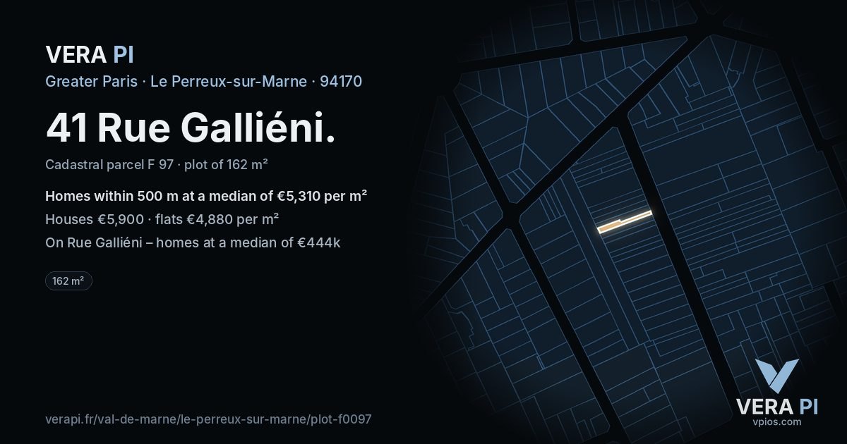 41 Rue Galliéni, Le Perreux-sur-Marne at night – the plot lit, the parcels around coloured by the prices near them