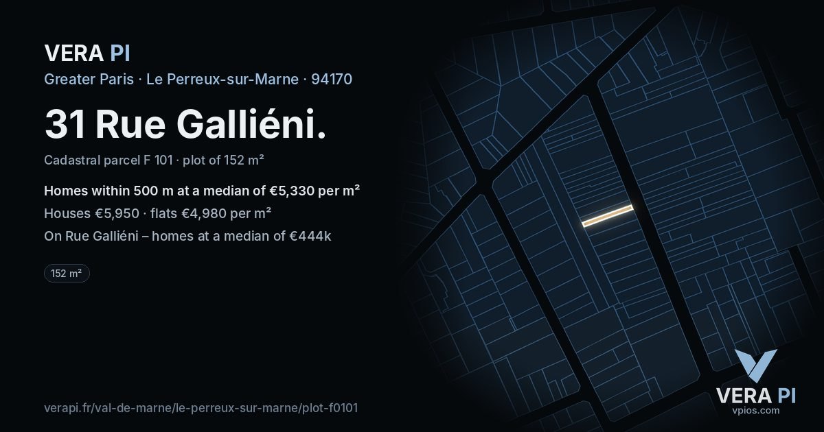 31 Rue Galliéni, Le Perreux-sur-Marne at night – the plot lit, the parcels around coloured by the prices near them