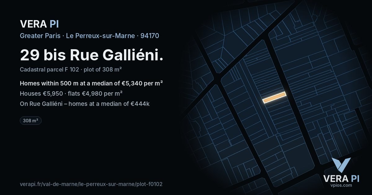 29 bis Rue Galliéni, Le Perreux-sur-Marne at night – the plot lit, the parcels around coloured by the prices near them