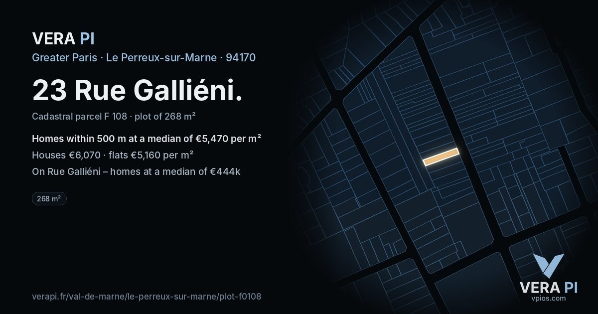 23 Rue Galliéni, Le Perreux-sur-Marne at night – the plot lit, the parcels around coloured by the prices near them