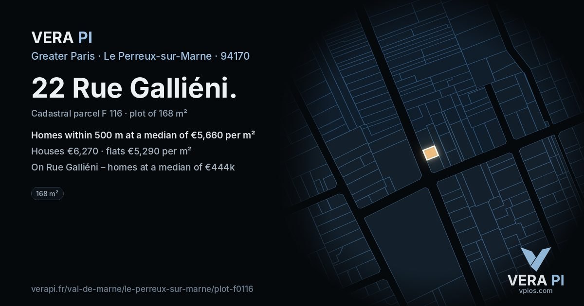 22 Rue Galliéni, Le Perreux-sur-Marne at night – the plot lit, the parcels around coloured by the prices near them