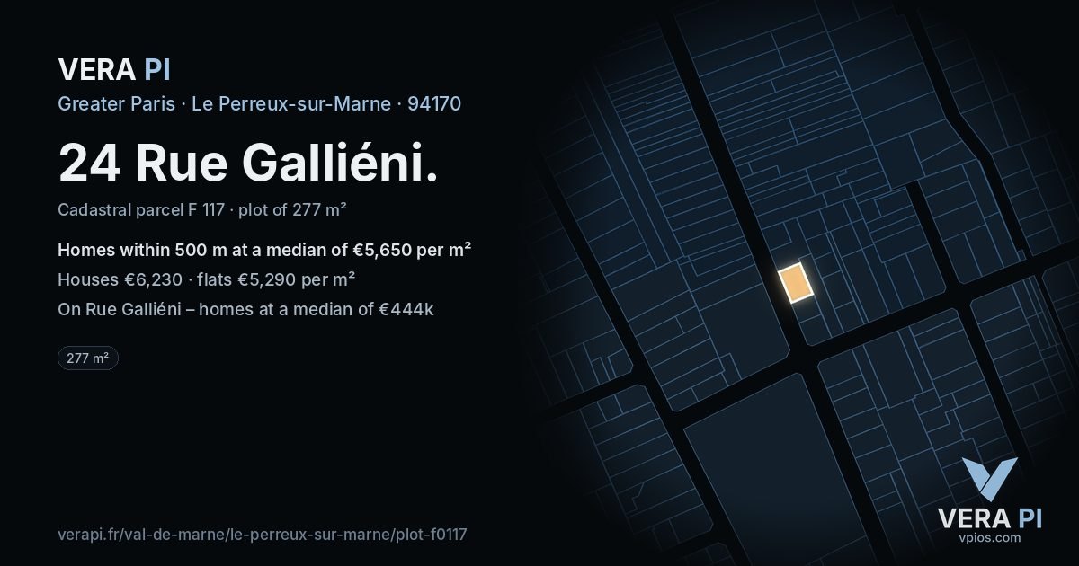 24 Rue Galliéni, Le Perreux-sur-Marne at night – the plot lit, the parcels around coloured by the prices near them
