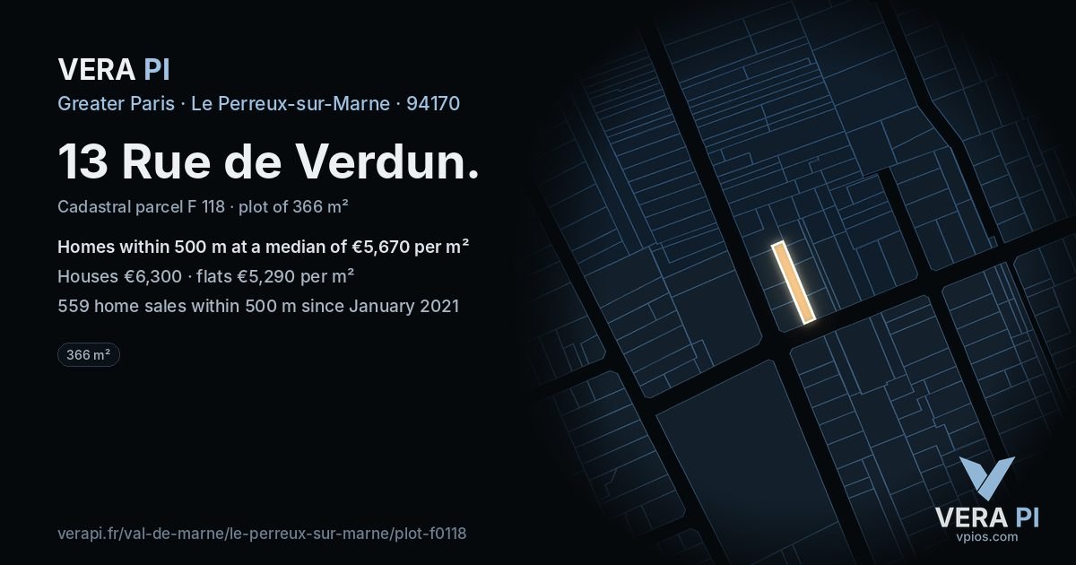 13 Rue de Verdun, Le Perreux-sur-Marne at night – the plot lit, the parcels around coloured by the prices near them