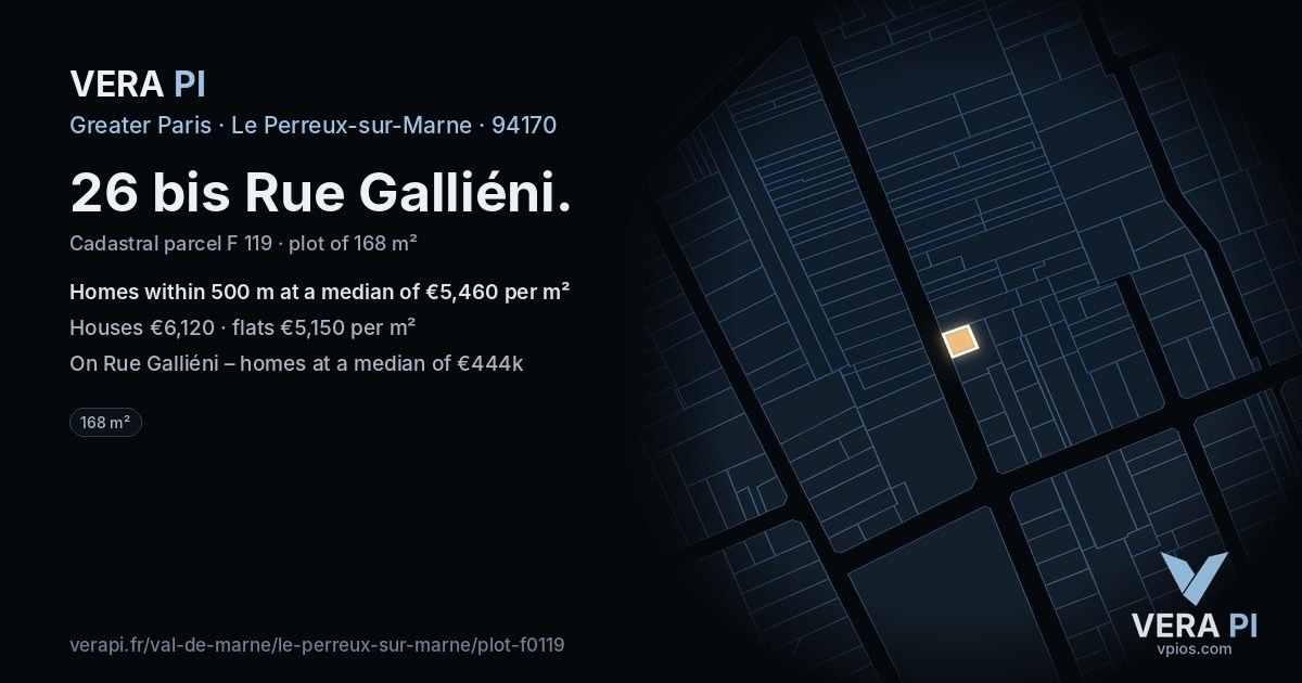 26 bis Rue Galliéni, Le Perreux-sur-Marne at night – the plot lit, the parcels around coloured by the prices near them