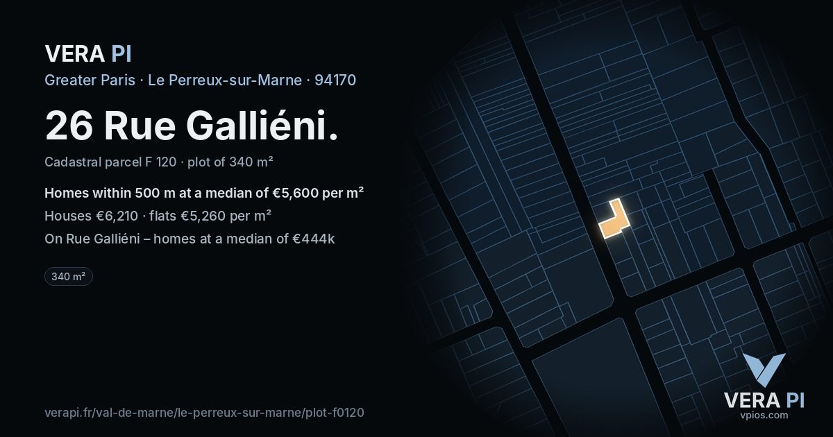 26 Rue Galliéni, Le Perreux-sur-Marne at night – the plot lit, the parcels around coloured by the prices near them