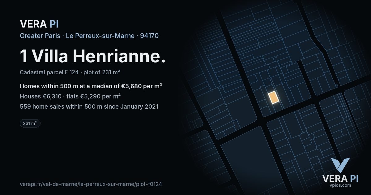 1 Villa Henrianne, Le Perreux-sur-Marne at night – the plot lit, the parcels around coloured by the prices near them