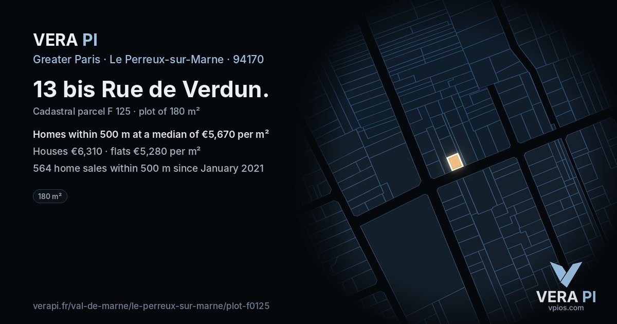 13 bis Rue de Verdun, Le Perreux-sur-Marne at night – the plot lit, the parcels around coloured by the prices near them